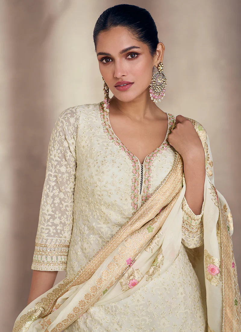 Cream Golden Gharara Suit with Floral Embroidery