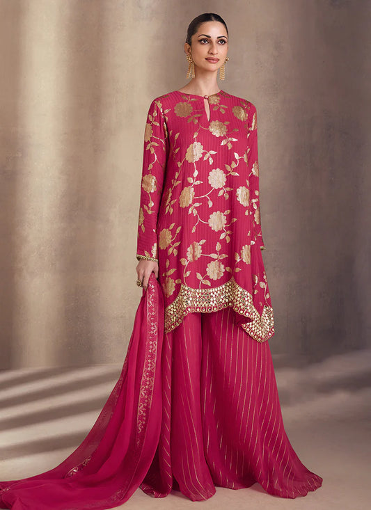 Magengta Pink Gharara Suit with Floral Embroidery