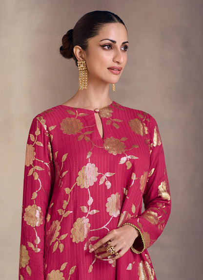 Magengta Pink Gharara Suit with Floral Embroidery