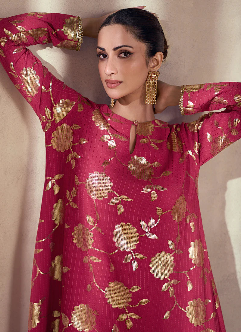 Magengta Pink Gharara Suit with Floral Embroidery