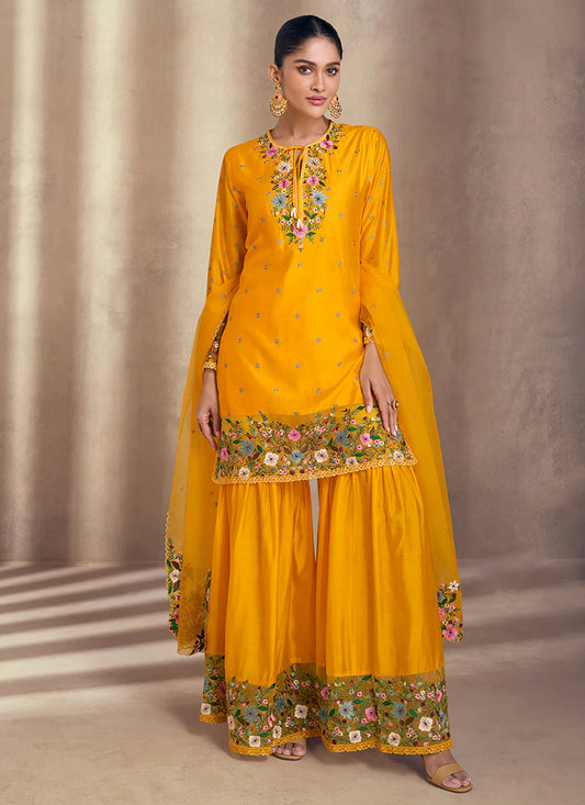 Yellow Gharara Suit with Floral Embroidery