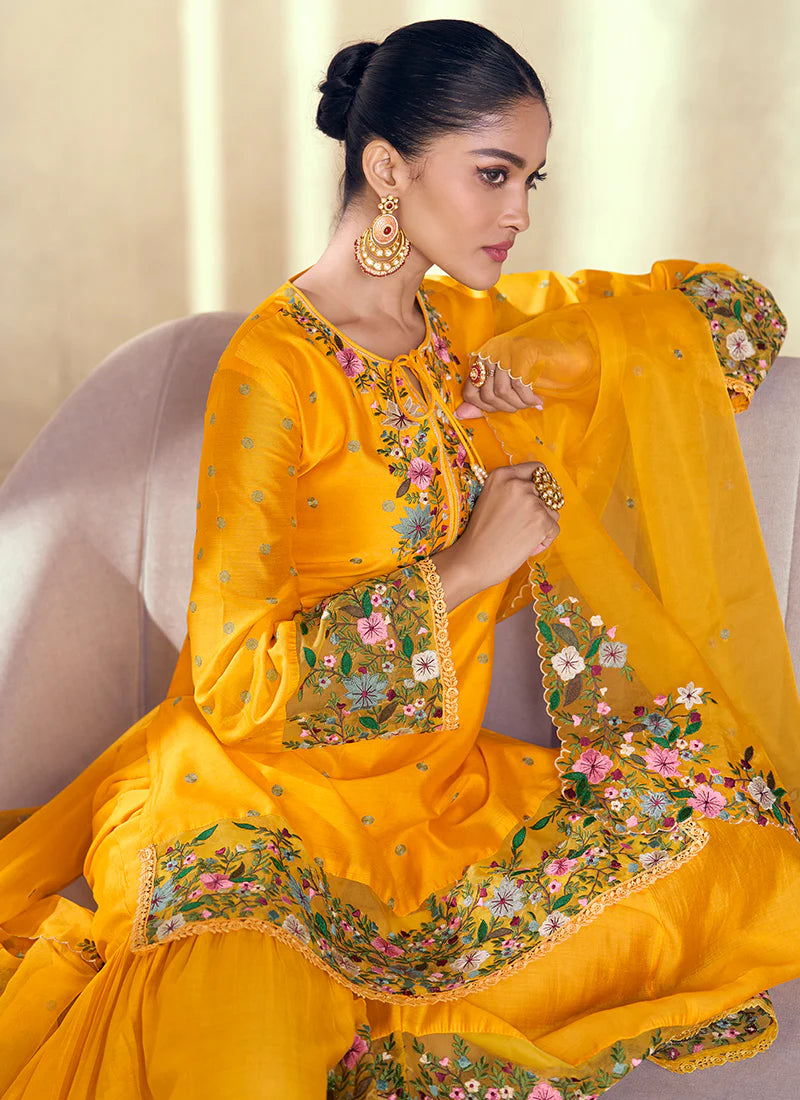 Yellow Gharara Suit with Floral Embroidery