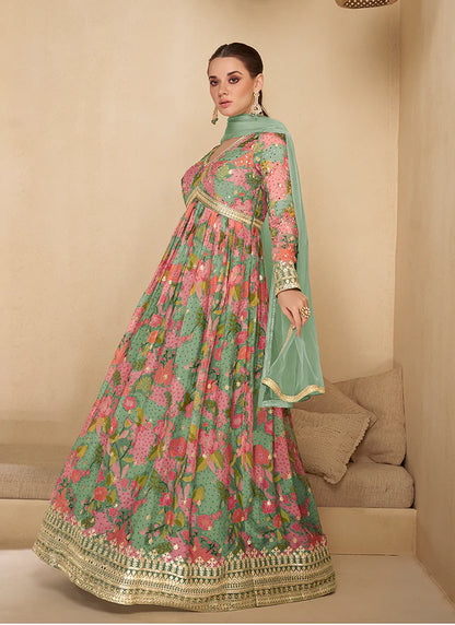 Mint Green Digital Printed Designer Anarkali Gown