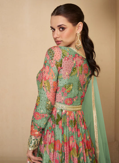 Mint Green Digital Printed Designer Anarkali Gown