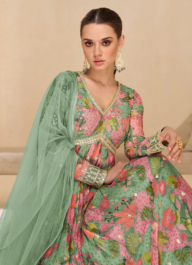 Mint Green Digital Printed Designer Anarkali Gown