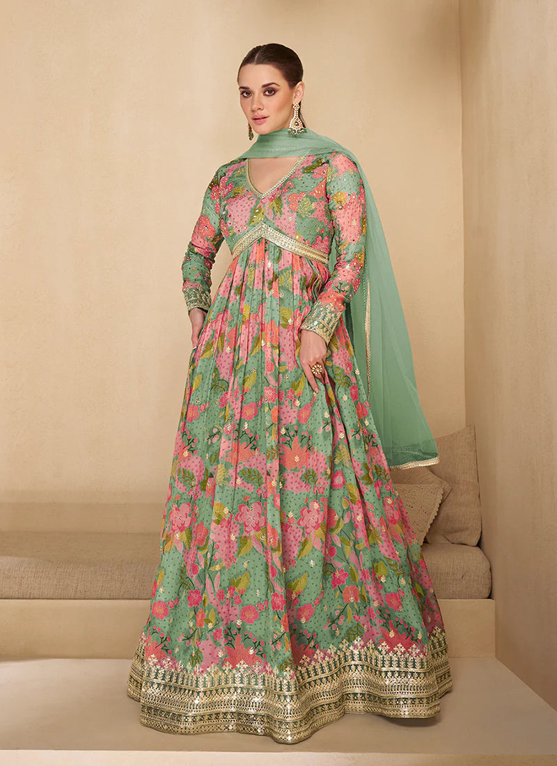 Mint Green Digital Printed Designer Anarkali Gown