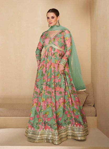 Mint Green Digital Printed Designer Anarkali Gown