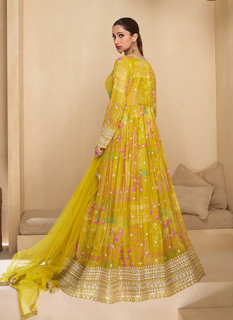 Yellow Digital Printed Designer Anarkali Gown