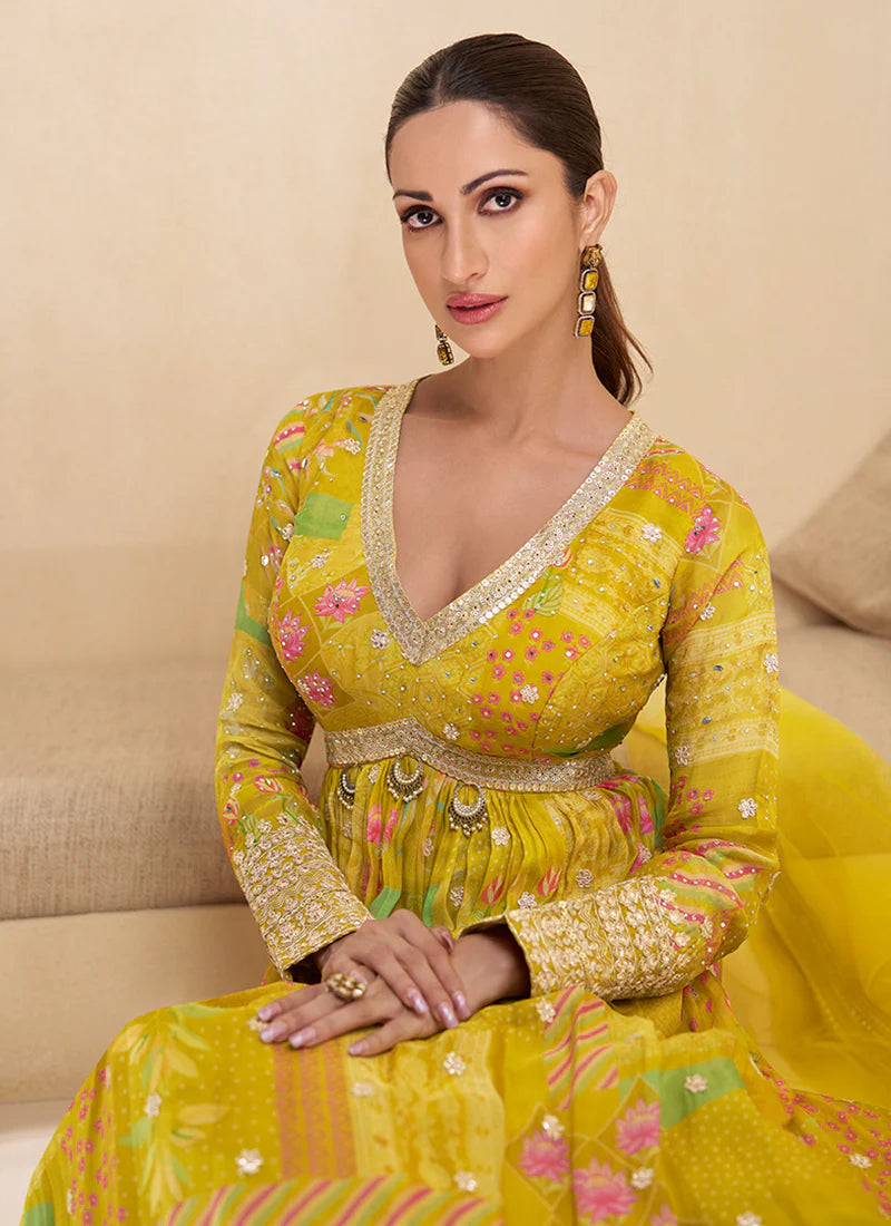 Yellow Digital Printed Designer Anarkali Gown