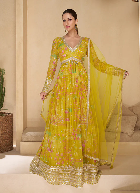 Yellow Digital Printed Designer Anarkali Gown