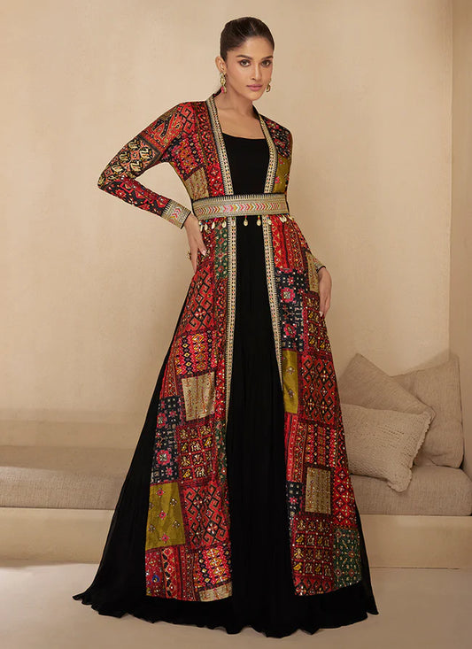 Black and Red Anarkali Gown with Embroidered Jacket