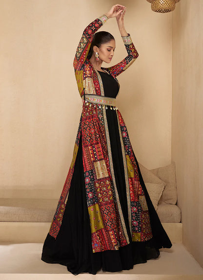 Black and Red Anarkali Gown with Embroidered Jacket