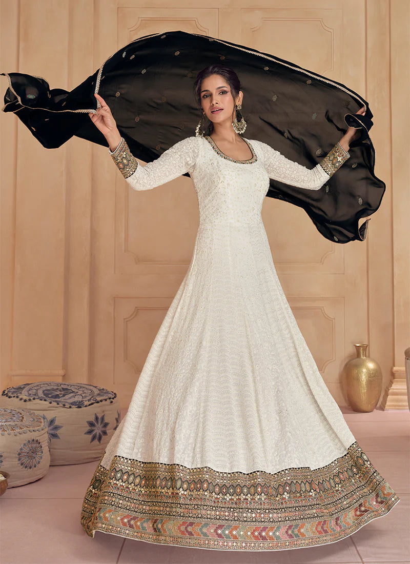 Traditional Wedding Anarkali Gown in Ivory and Black