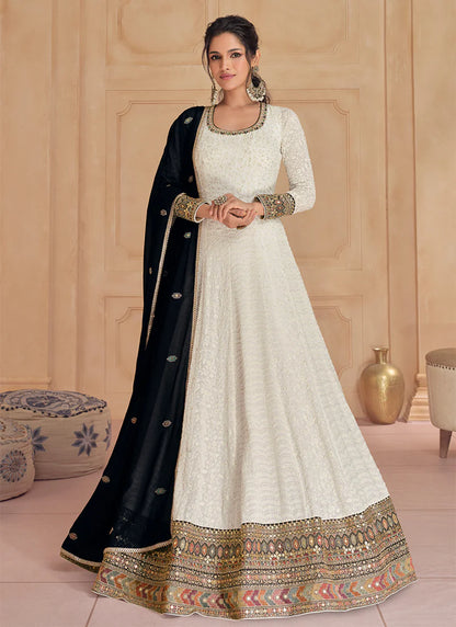 Traditional Wedding Anarkali Gown in Ivory and Black