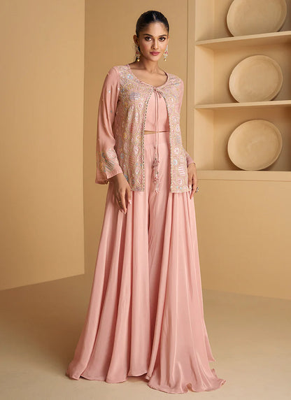 Pink Jacket Style Sequin Embroidered Palazzo Suit