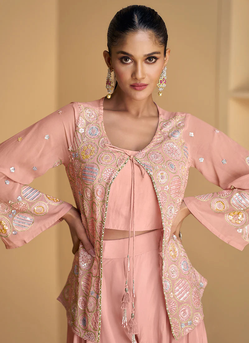 Pink Jacket Style Sequin Embroidered Palazzo Suit