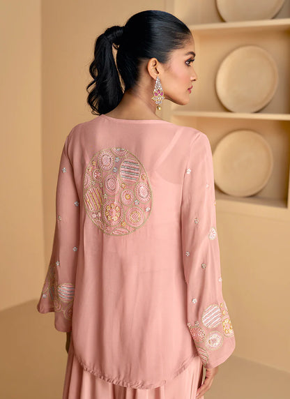 Pink Jacket Style Sequin Embroidered Palazzo Suit