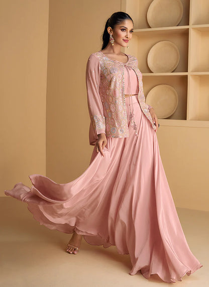 Pink Jacket Style Sequin Embroidered Palazzo Suit