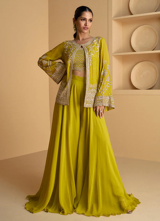 Lime Green Jacket Style Sequin Embroidered Palazzo Suit