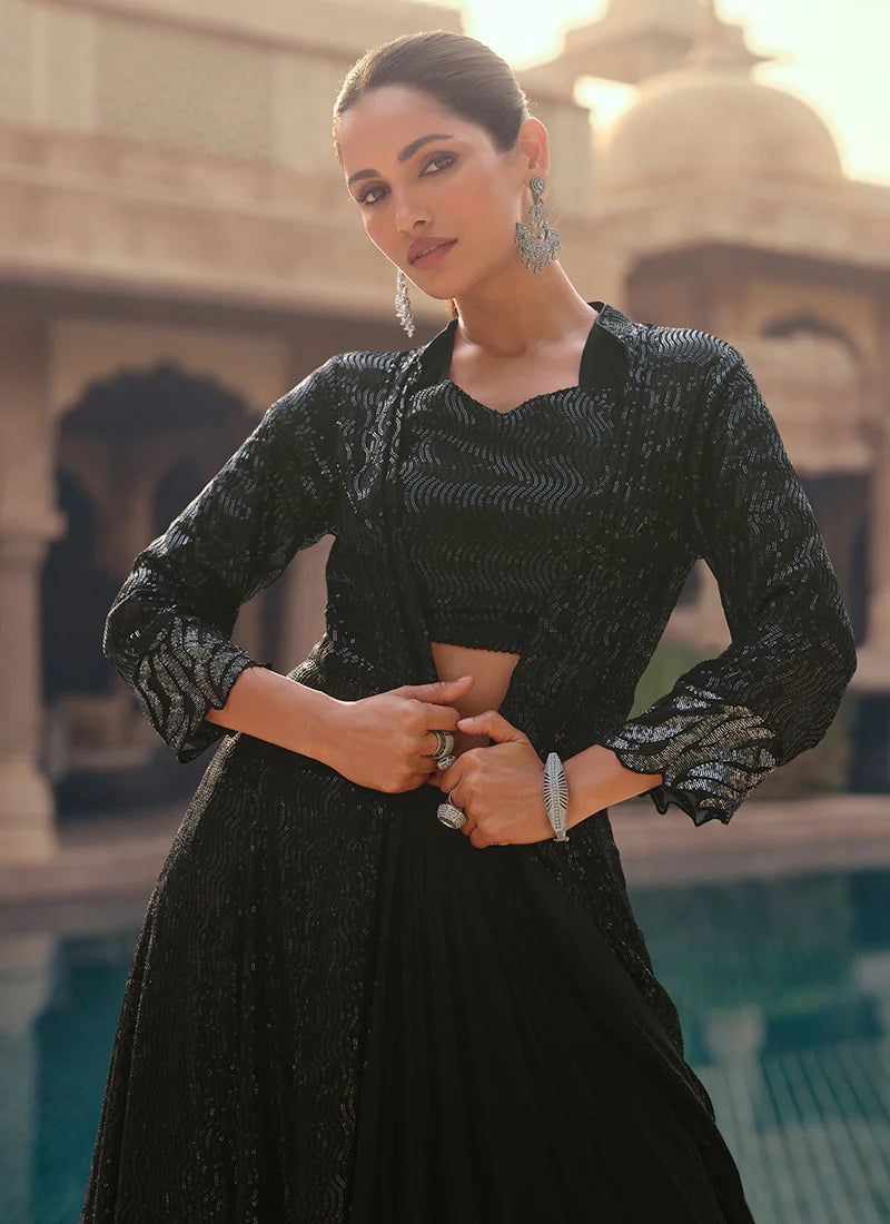 Black Lehenga Set with Multi-Embroidered Jacket