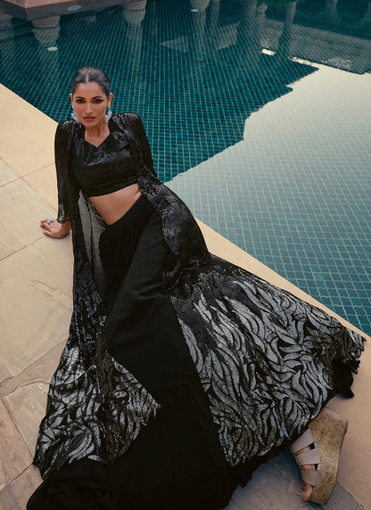 Black Lehenga Set with Multi-Embroidered Jacket