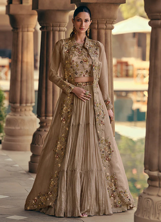 Pastel Brown Lehenga Set with Multi-Embroidered Jacket