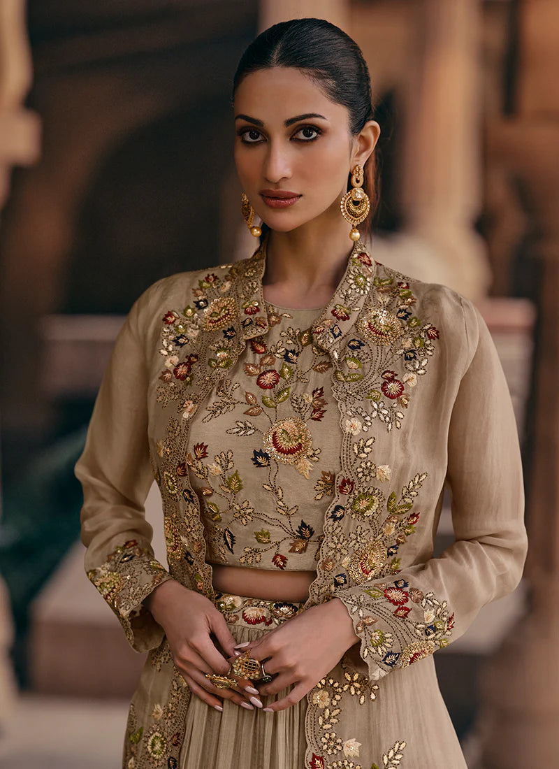 Pastel Brown Lehenga Set with Multi-Embroidered Jacket