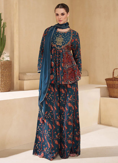 Blue Sequence Embroidery Sharara Suit features elegant sequin detailing