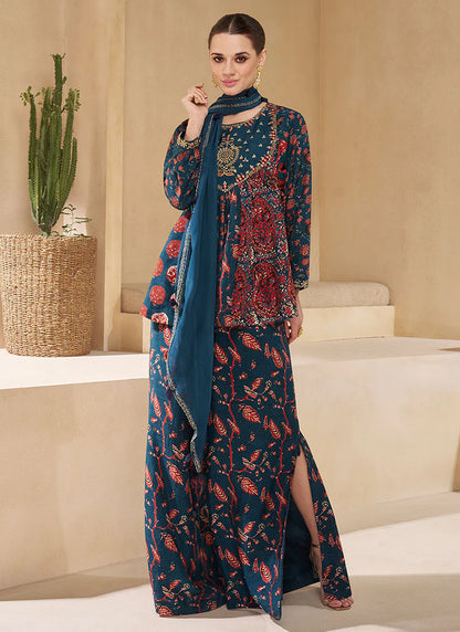 Blue Sequence Embroidery Sharara Suit features elegant sequin detailing