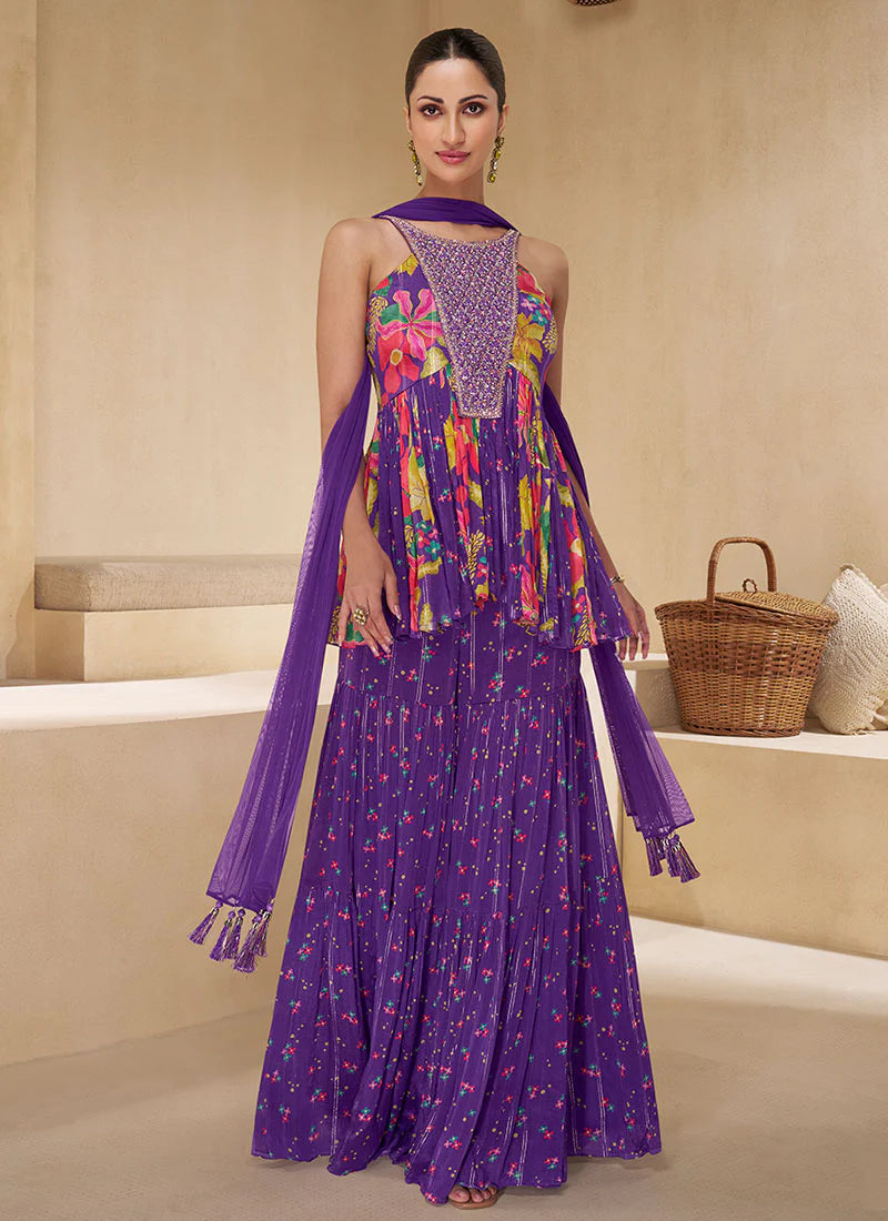 Purple  Sequence Embroidery Sharara Suit features elegant sequin detailing