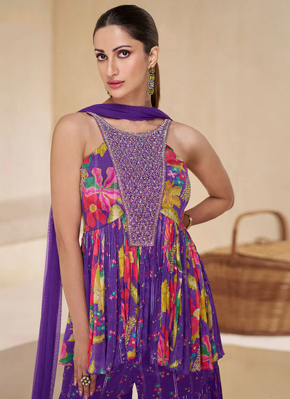 Purple  Sequence Embroidery Sharara Suit features elegant sequin detailing