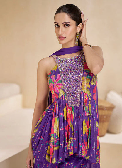 Purple  Sequence Embroidery Sharara Suit features elegant sequin detailing