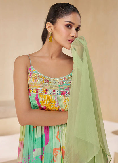 Green Sequence Embroidery Sharara Suit features elegant sequin detailing