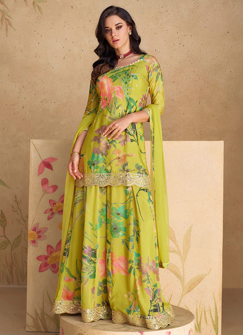 Lime Green Elegant Gharara Suit with Sequence Embroidery and Printed Design