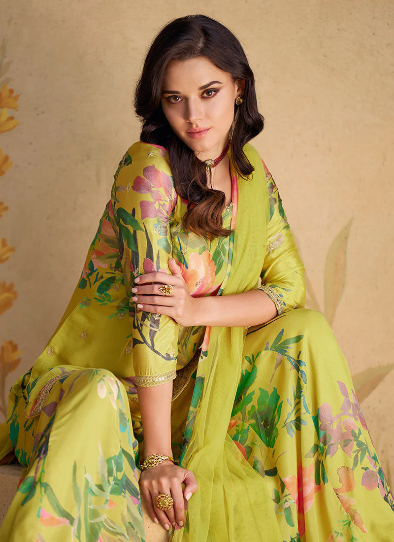 Lime Green Elegant Gharara Suit with Sequence Embroidery and Printed Design