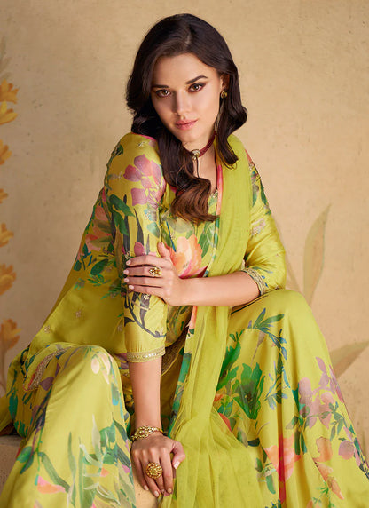 Lime Green Elegant Gharara Suit with Sequence Embroidery and Printed Design