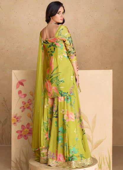 Lime Green Elegant Gharara Suit with Sequence Embroidery and Printed Design