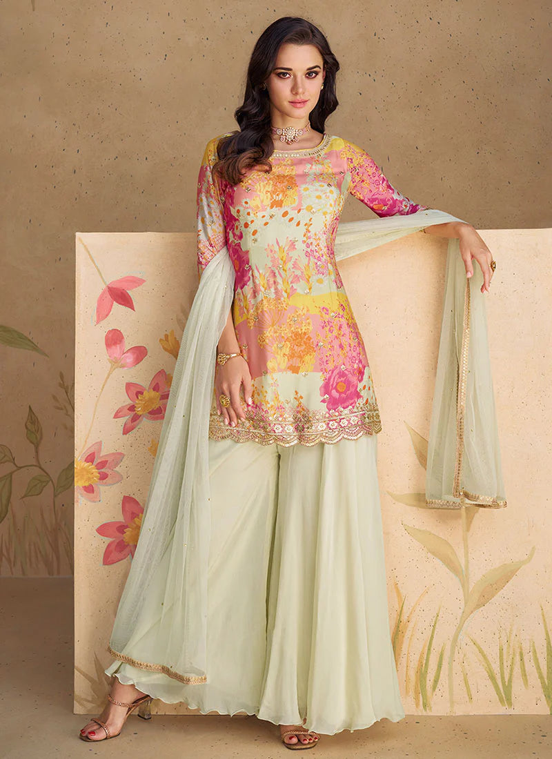 Off White Elegant Gharara Suit with Sequence Embroidery and Printed Design