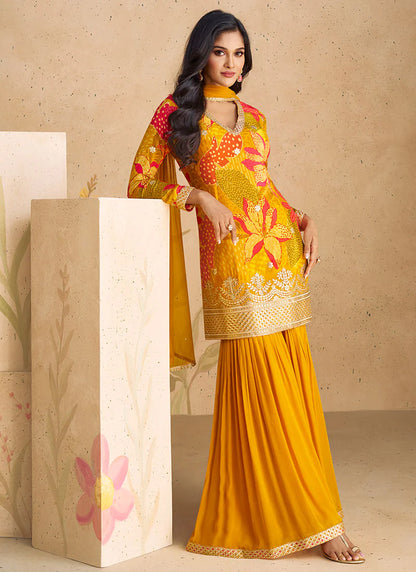 Golden Yellow Elegant Sharara Suit with Sequence Embroidery and Printed Design