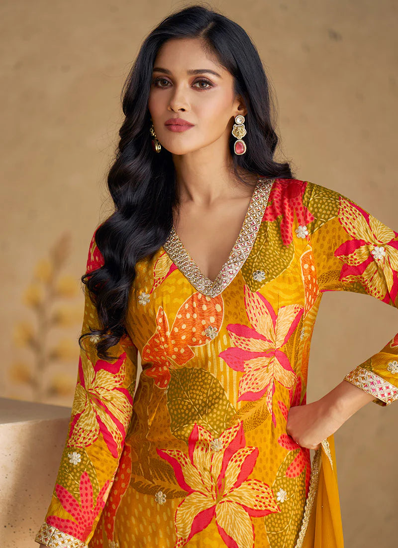 Golden Yellow Elegant Sharara Suit with Sequence Embroidery and Printed Design