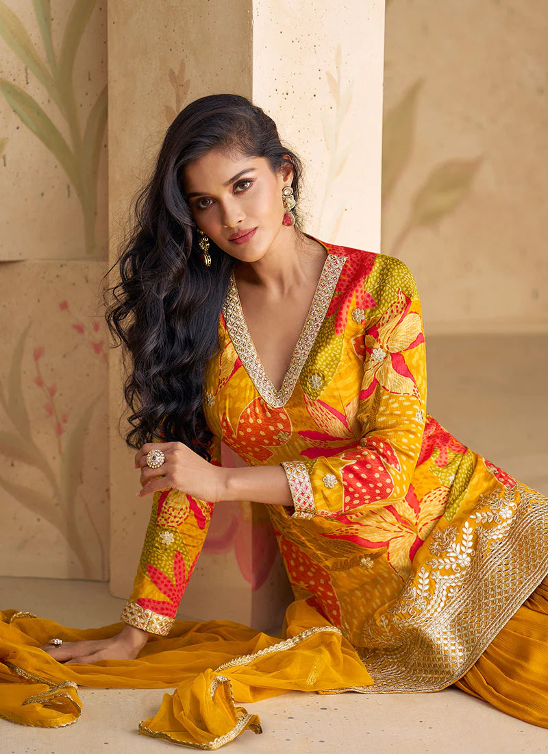 Golden Yellow Elegant Sharara Suit with Sequence Embroidery and Printed Design