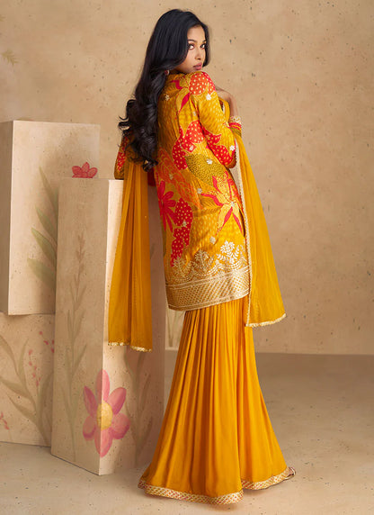 Golden Yellow Elegant Sharara Suit with Sequence Embroidery and Printed Design