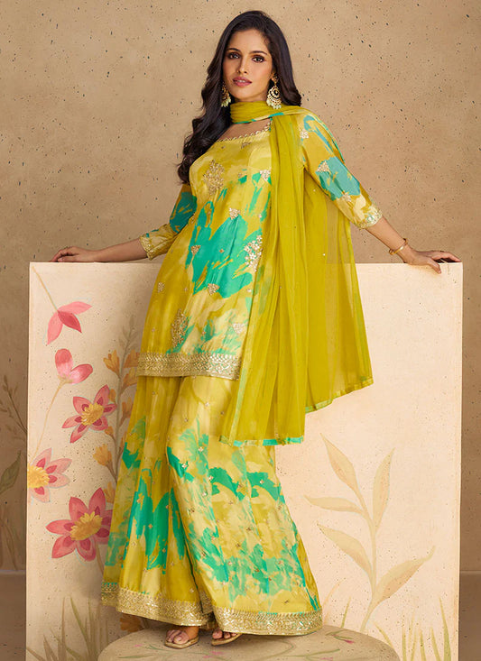 Yellow and Green Elegant Sharara Suit with Sequence Embroidery and Printed Design