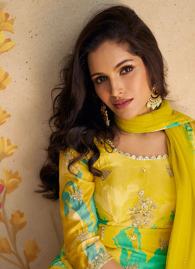 Yellow and Green Elegant Sharara Suit with Sequence Embroidery and Printed Design