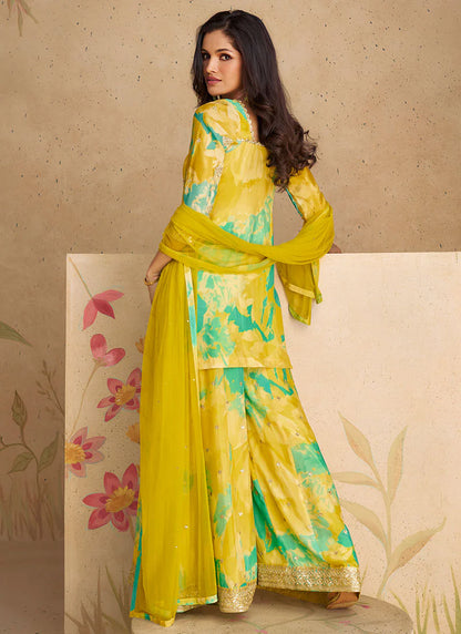 Yellow and Green Elegant Sharara Suit with Sequence Embroidery and Printed Design