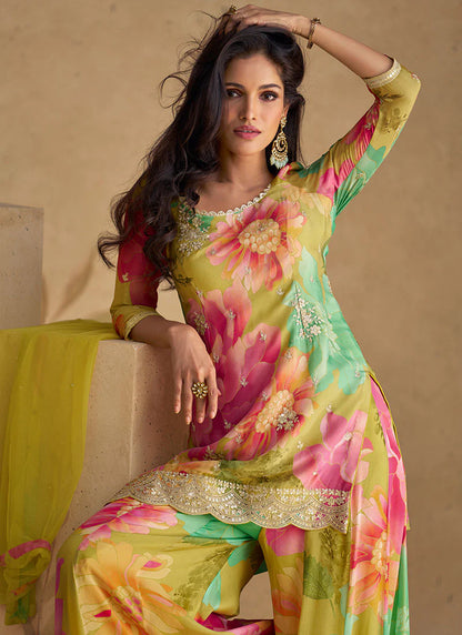 Yellow multicolor Elegant  Sharara Suit with Sequence Embroidery and Printed Design