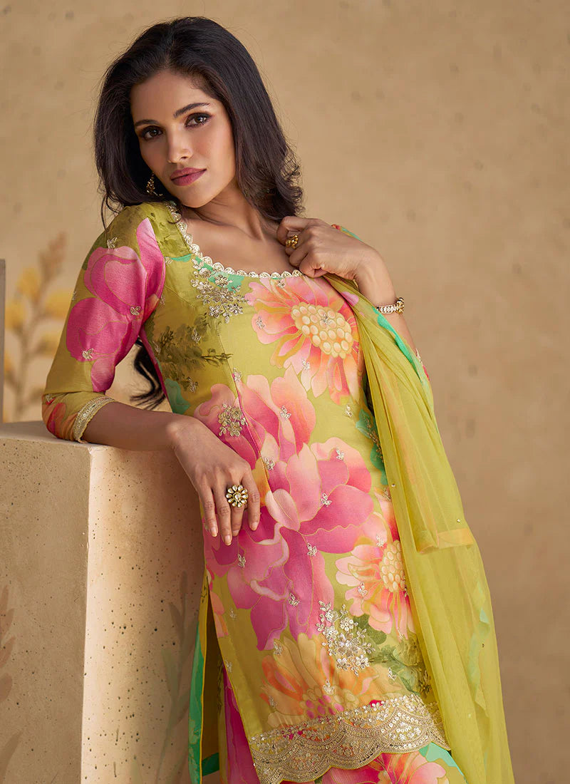 Yellow multicolor Elegant  Sharara Suit with Sequence Embroidery and Printed Design