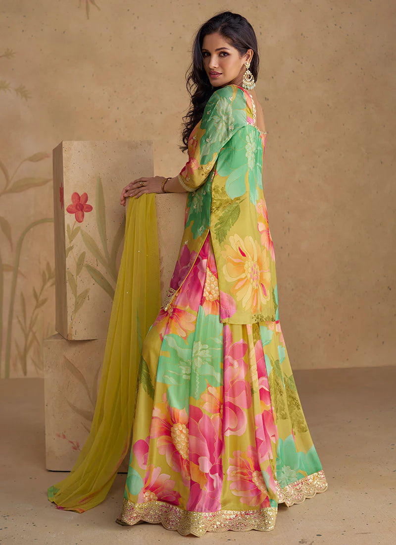 Yellow multicolor Elegant  Sharara Suit with Sequence Embroidery and Printed Design