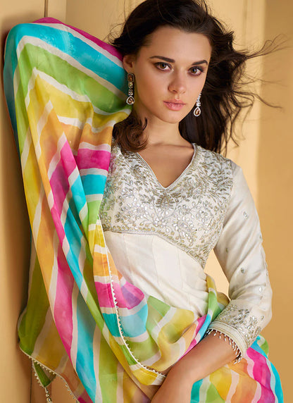 Trendy Off White Embroidered Short Anarkali with Pant Style