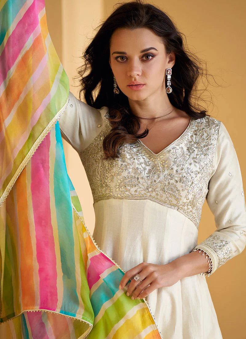 Trendy Off White Embroidered Short Anarkali with Pant Style